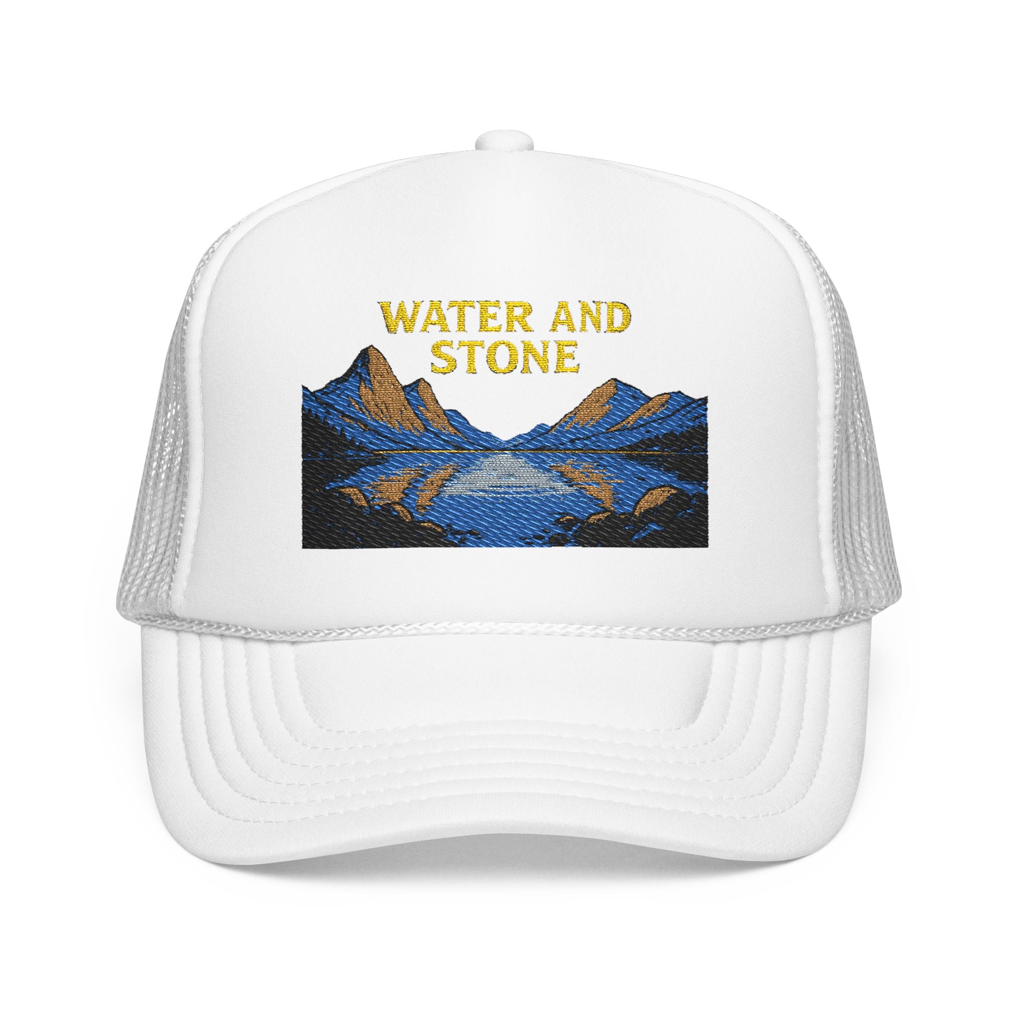 Embroidered Foam Trucker Hat - Water and Stone, Summer Fashion, Outdoor Adventure, Gift for Hikers, Unique Casual Style
