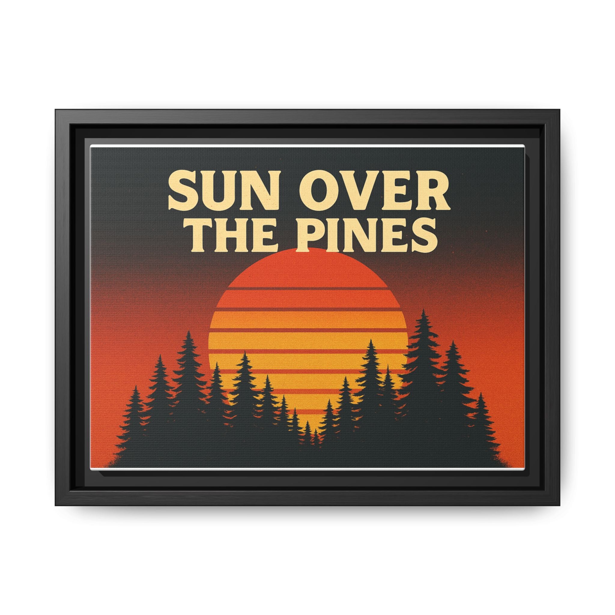 Sun Over the Pines Framed Canvas Wall Art, Retro Sunset Art, Nature Decor, Gift for Outdoor Lovers, Boho Home Accents