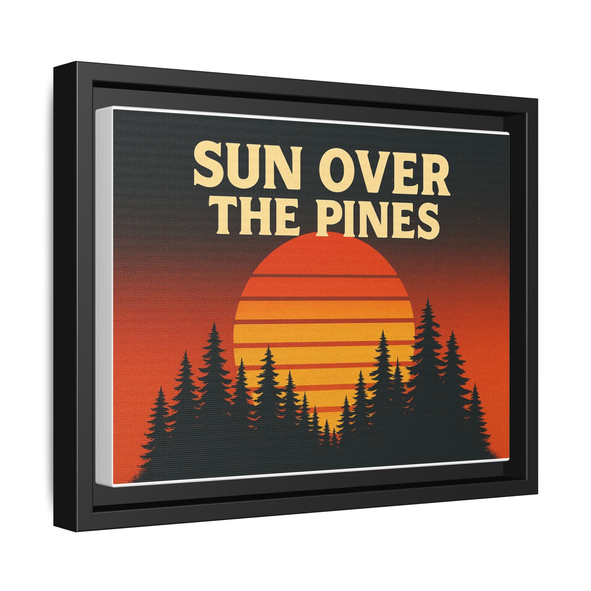 Sun Over the Pines Framed Canvas Wall Art, Retro Sunset Art, Nature Decor, Gift for Outdoor Lovers, Boho Home Accents