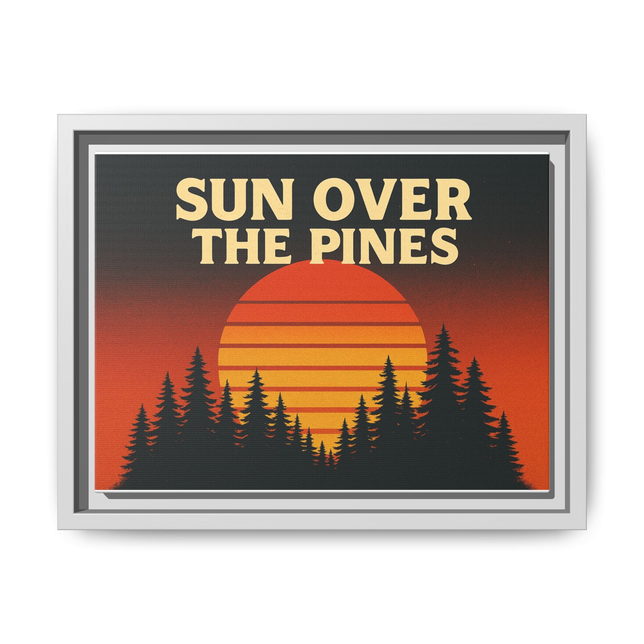 Sun Over the Pines Framed Canvas Wall Art, Retro Sunset Art, Nature Decor, Gift for Outdoor Lovers, Boho Home Accents