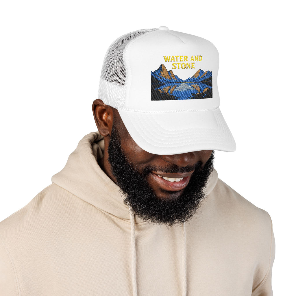 Embroidered Foam Trucker Hat - Water and Stone, Summer Fashion, Outdoor Adventure, Gift for Hikers, Unique Casual Style