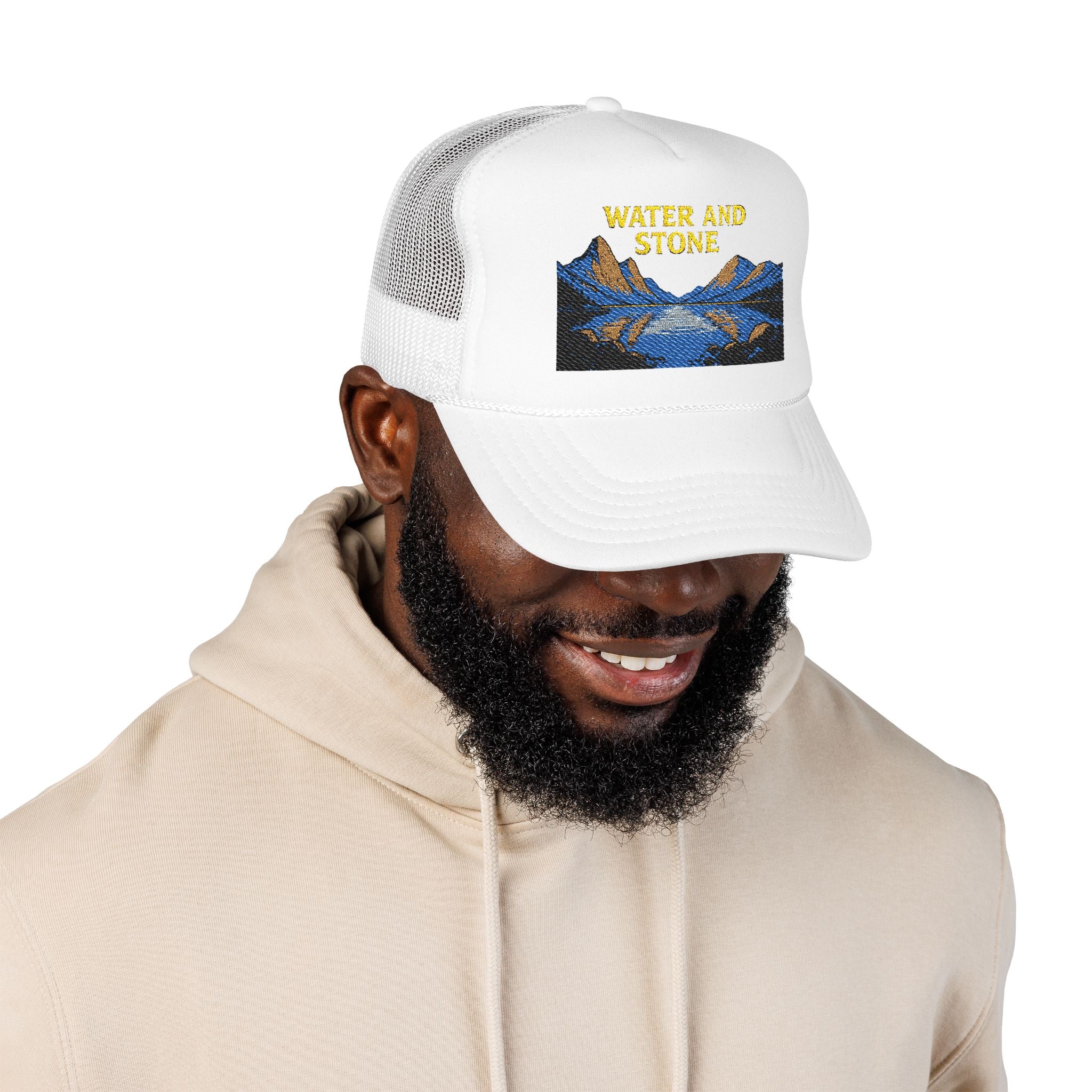 Embroidered Foam Trucker Hat - Water and Stone, Summer Fashion, Outdoor Adventure, Gift for Hikers, Unique Casual Style