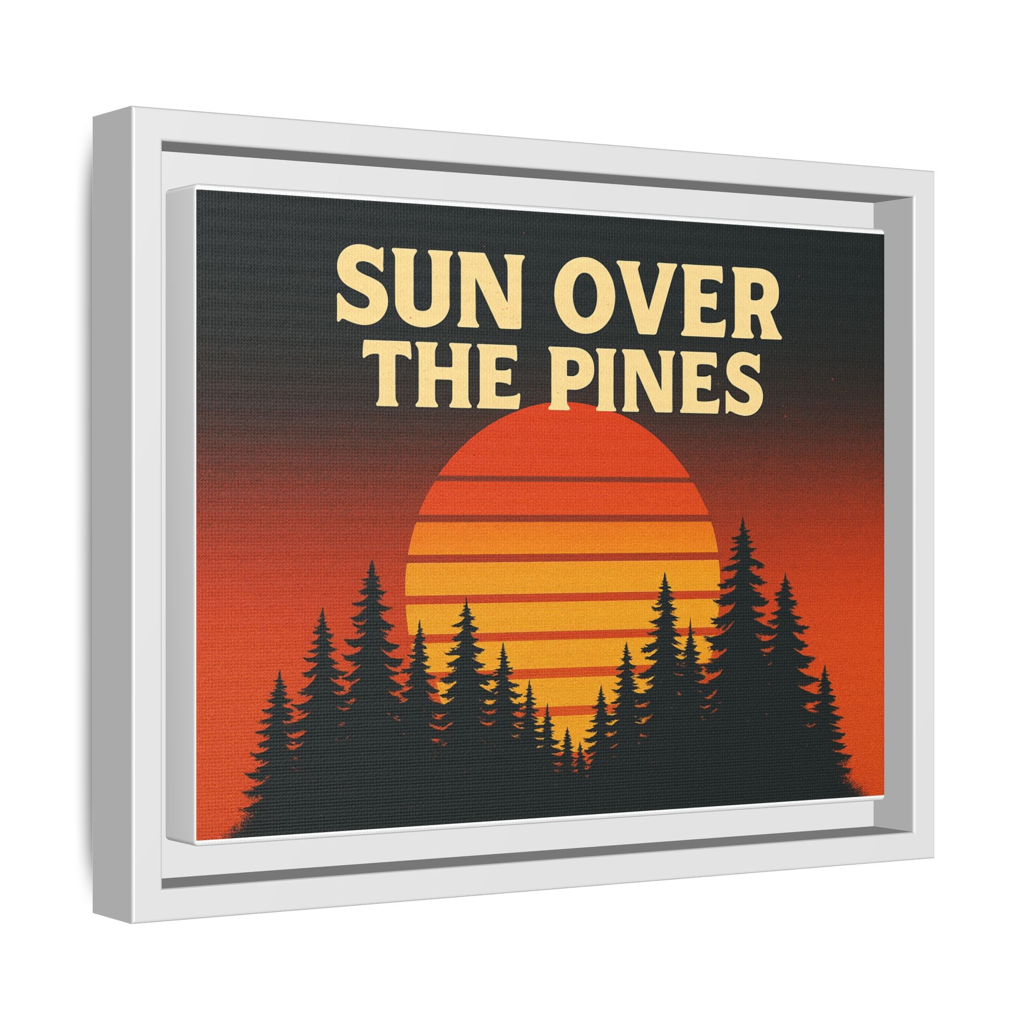 Sun Over the Pines Framed Canvas Wall Art, Retro Sunset Art, Nature Decor, Gift for Outdoor Lovers, Boho Home Accents