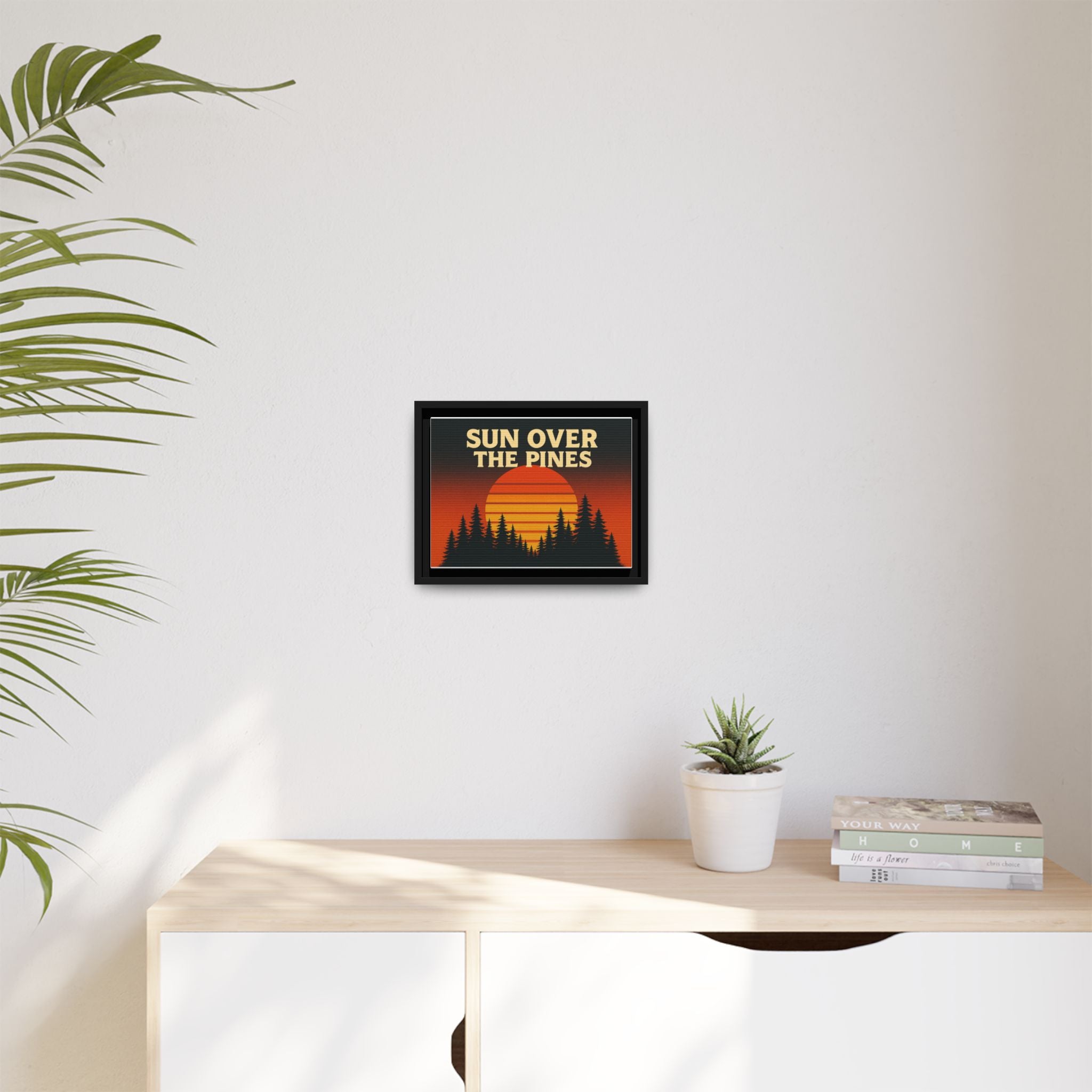 Sun Over the Pines Framed Canvas Wall Art, Retro Sunset Art, Nature Decor, Gift for Outdoor Lovers, Boho Home Accents