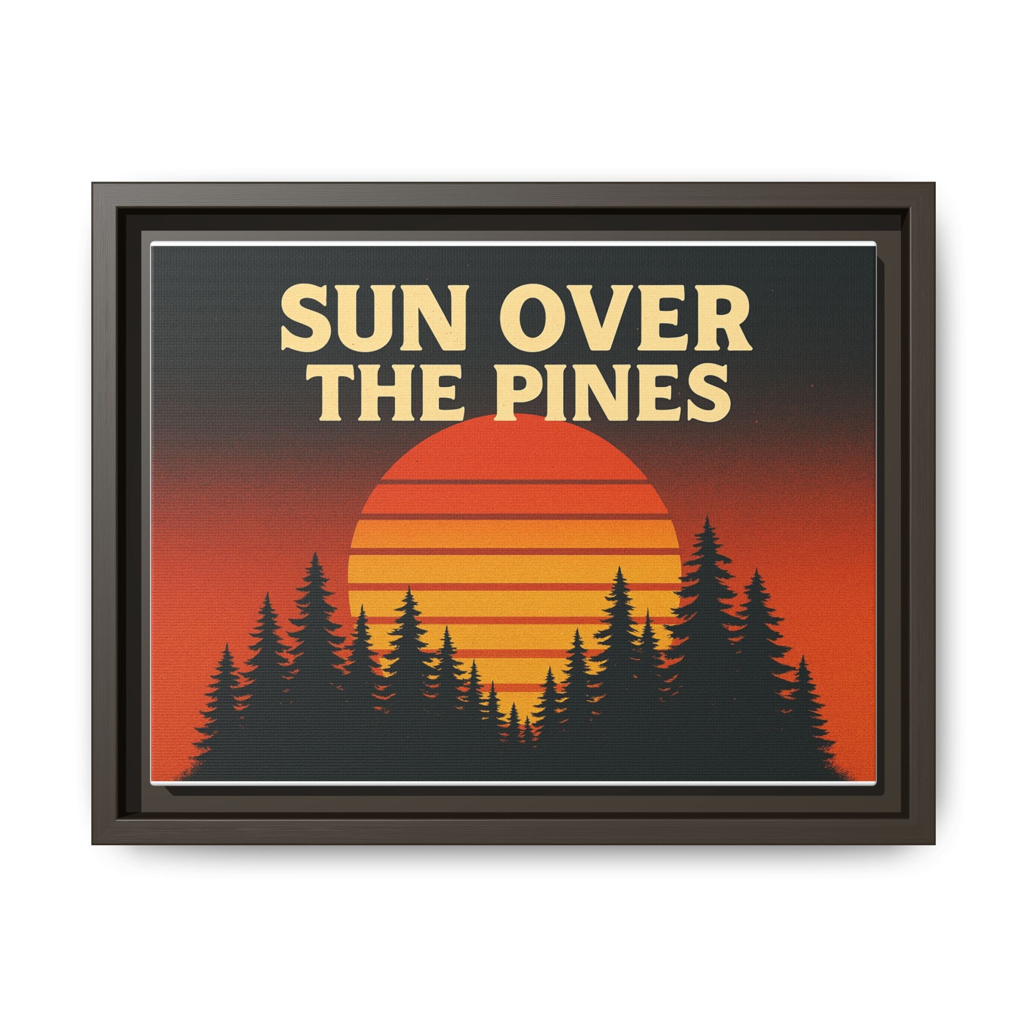 Sun Over the Pines Framed Canvas Wall Art, Retro Sunset Art, Nature Decor, Gift for Outdoor Lovers, Boho Home Accents