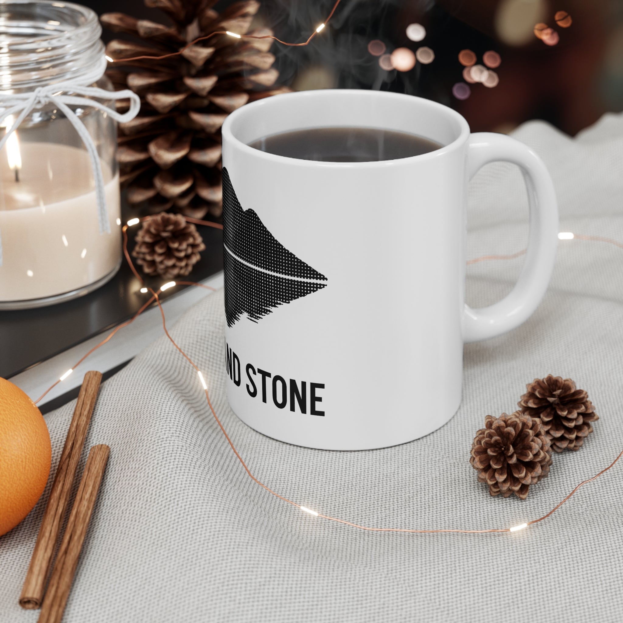 Nature-Inspired Mug, 11oz Coffee Cup, Outdoor Enthusiast Gift, Minimalist Design, Water and Stone Graphic