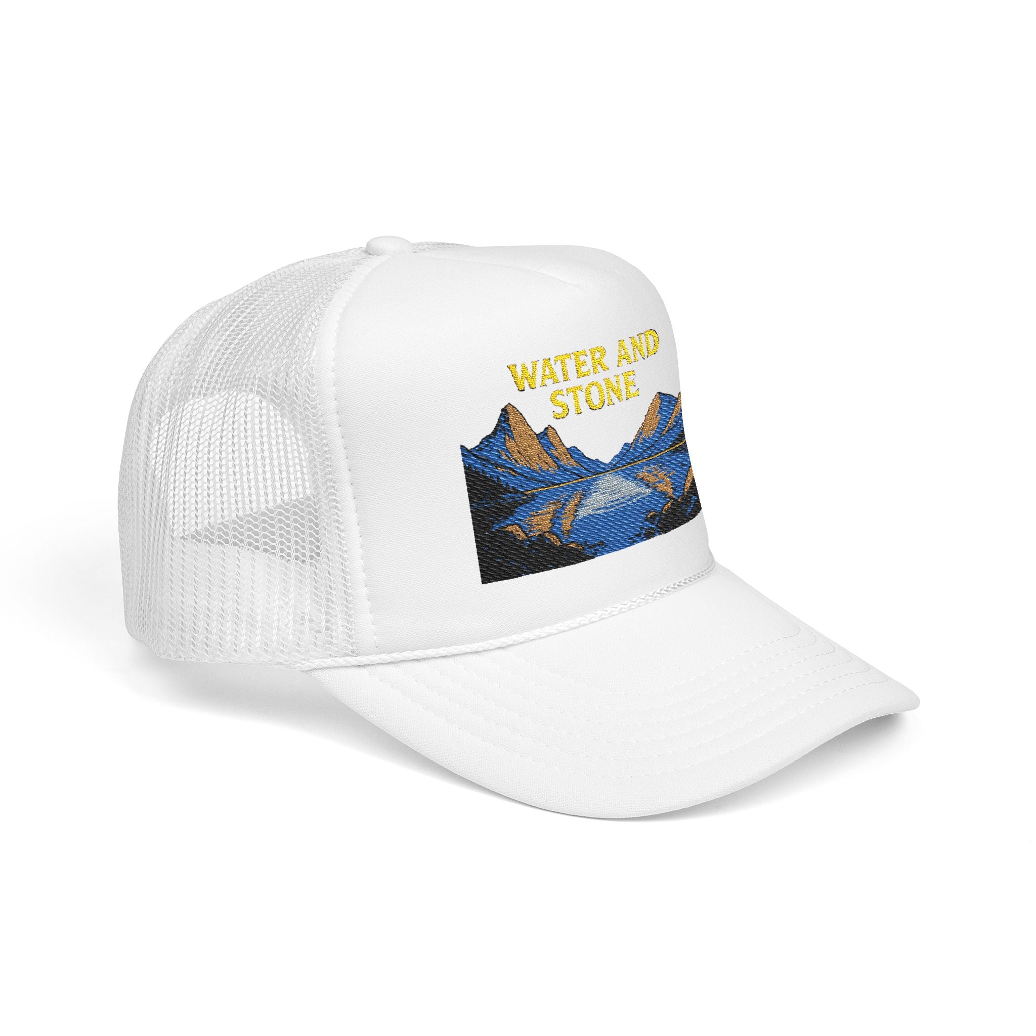 Embroidered Foam Trucker Hat - Water and Stone, Summer Fashion, Outdoor Adventure, Gift for Hikers, Unique Casual Style