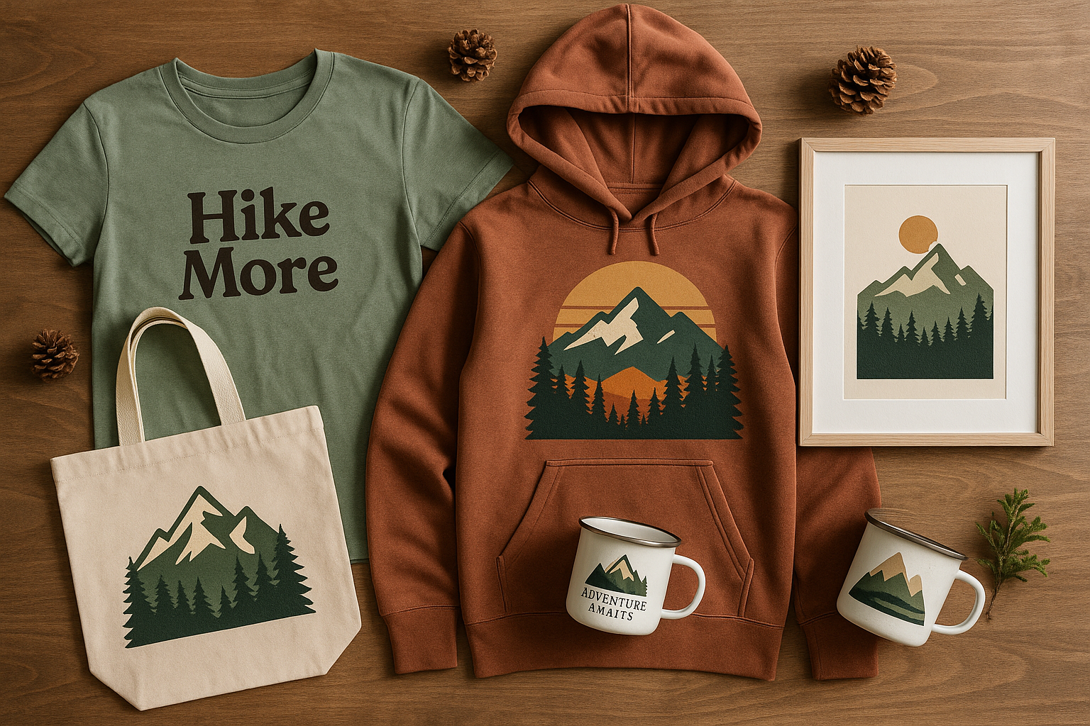 Hiking t-shirts, mountain hoodies, nature tote bags, enamel camping mugs, minimalist wall art.